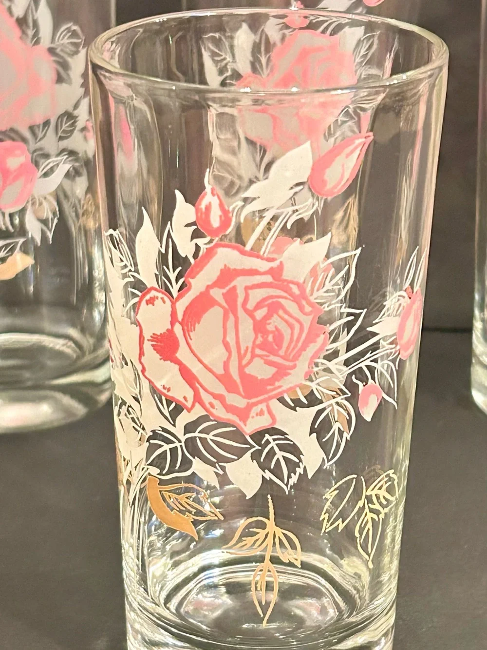 Vintage Mid Century Pink Rose Highball Drinking Glasses - Set of 4